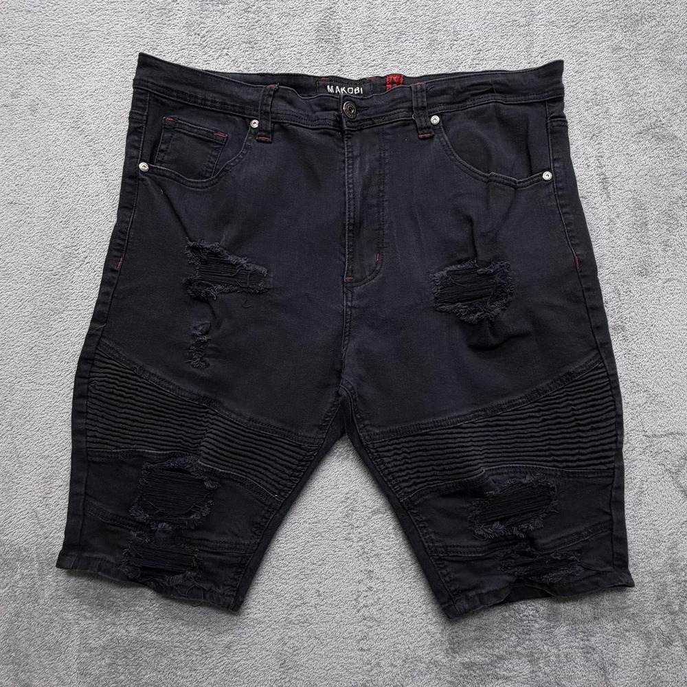 Makobi Denim Shorts Mens‎ Measured 41x12 Black Distressed Biker Ribbed Stretch